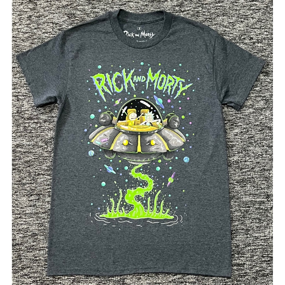 Adult Swim Rick and Morty Spaceship Graphic Shirt Mens S Heather Charcoal Grey